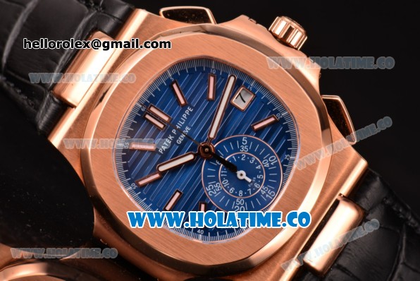 Patek Philippe Nautilus Chrono Swiss Valjoux 7750-CHG Automatic Rose Gold Case with Blue Dial and Stick Markers (BP) - Click Image to Close